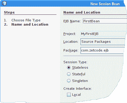 Creating a new session bean in NetBeans